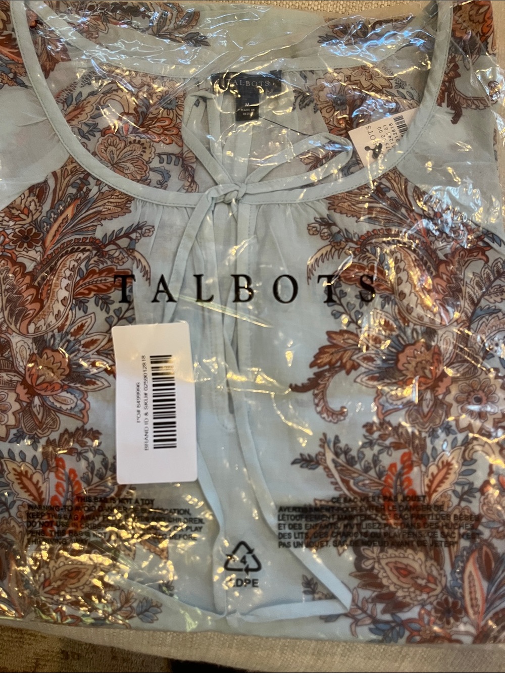 Talbots Light Blue Paisley Tie-Neck Blouse with Brown and Rust Accents